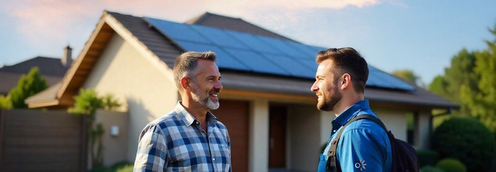 Zwei Personen vor einem Haus mit Solaranlage